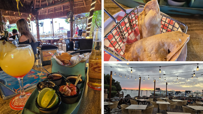 Cocktail, salsas, view and Pescadillos at El Fish Fritanga in Cancun.