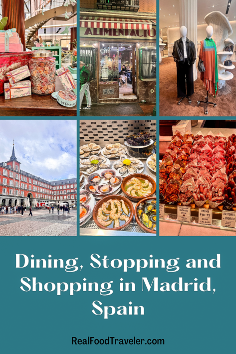 Pinterest pin with images of eating and shopping in Madrid, Spain.