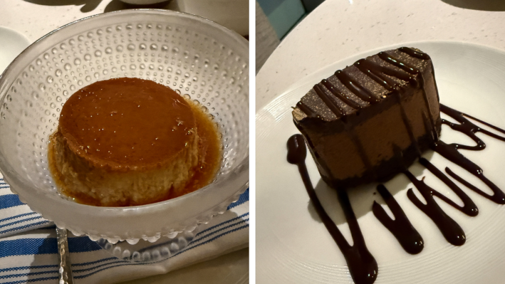 Flan and chocolate mousse.