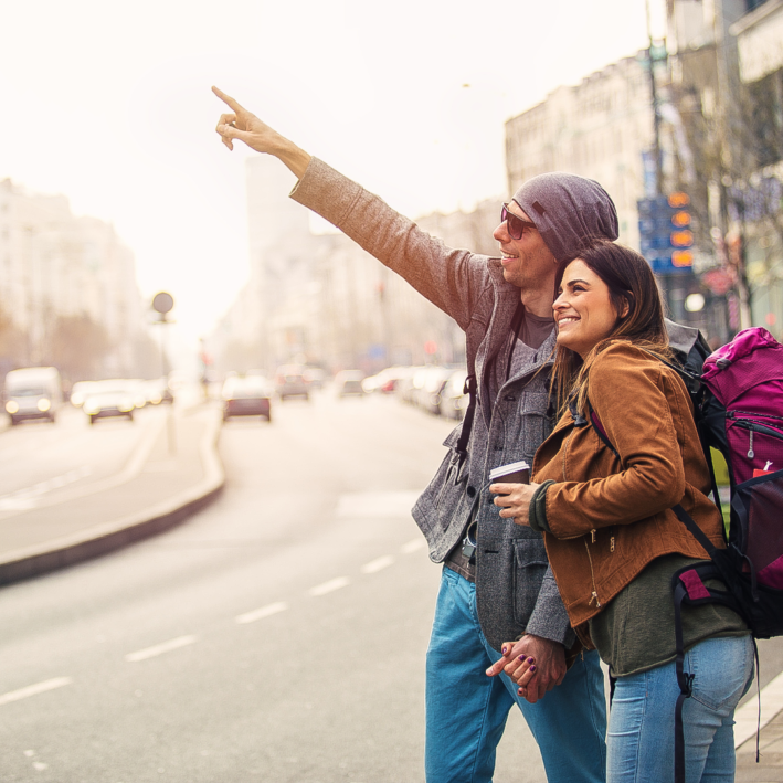 happy couple traveling.