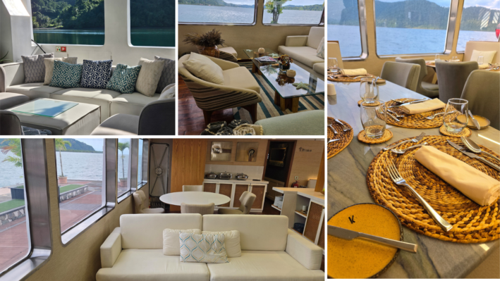Indoor and outdoor lounge areas aboard the Wayra yacht.