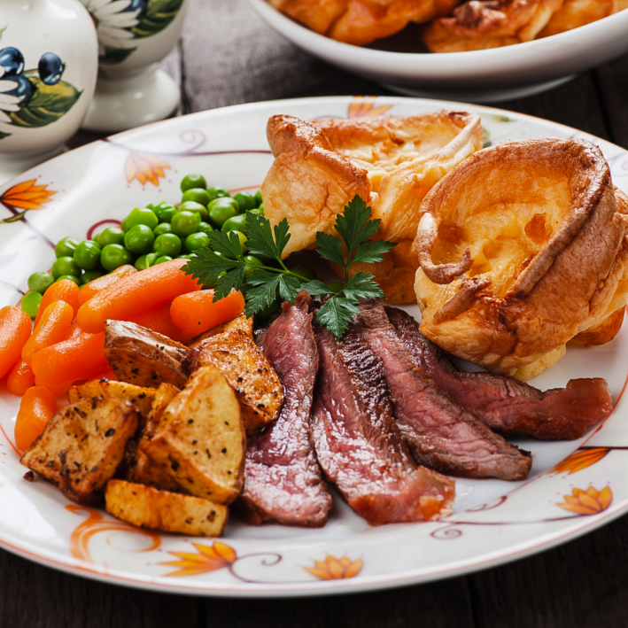 Roast beef dinner with Yorkshire Pudding.