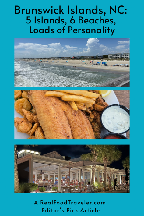 <em><strong>Save this article to Pinterest to help you plan your visit to Brunswick Islands, North Carolina. Graphic by RealFoodTraveler.com.</strong></em>