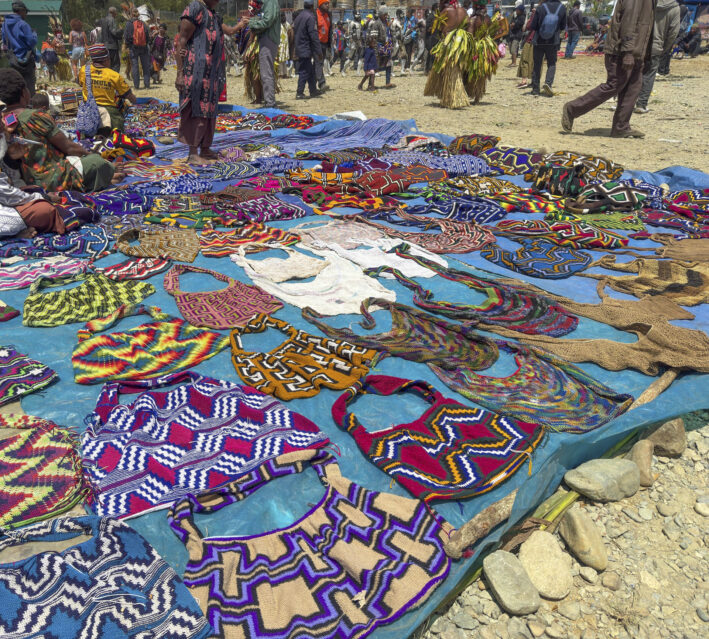 Handcrafted colorful bilums bags in Papua, New Guinea.